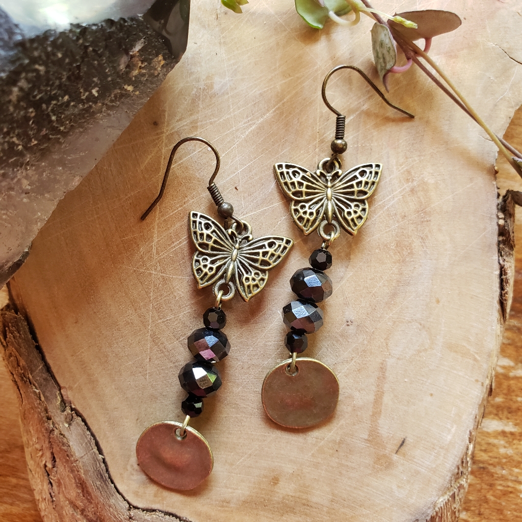 Boho Bronze Butterfly X Black Glass Crystal Drop Earrings 16$